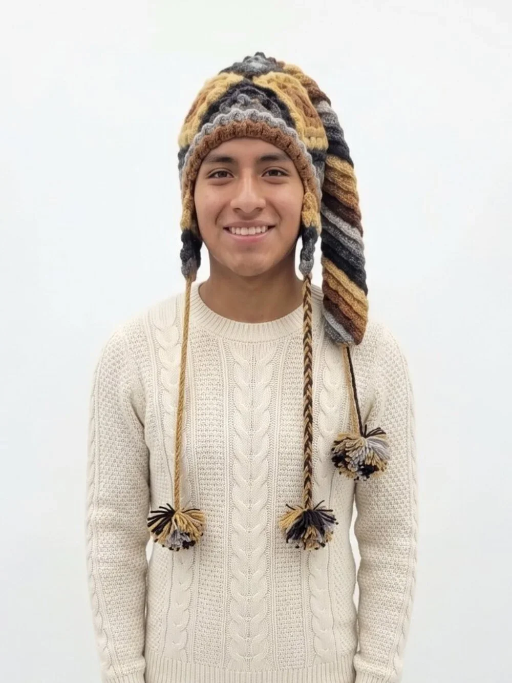 Hand-Knitted Alpaca Wool Chullo with Geometric Designs and Pom-poms